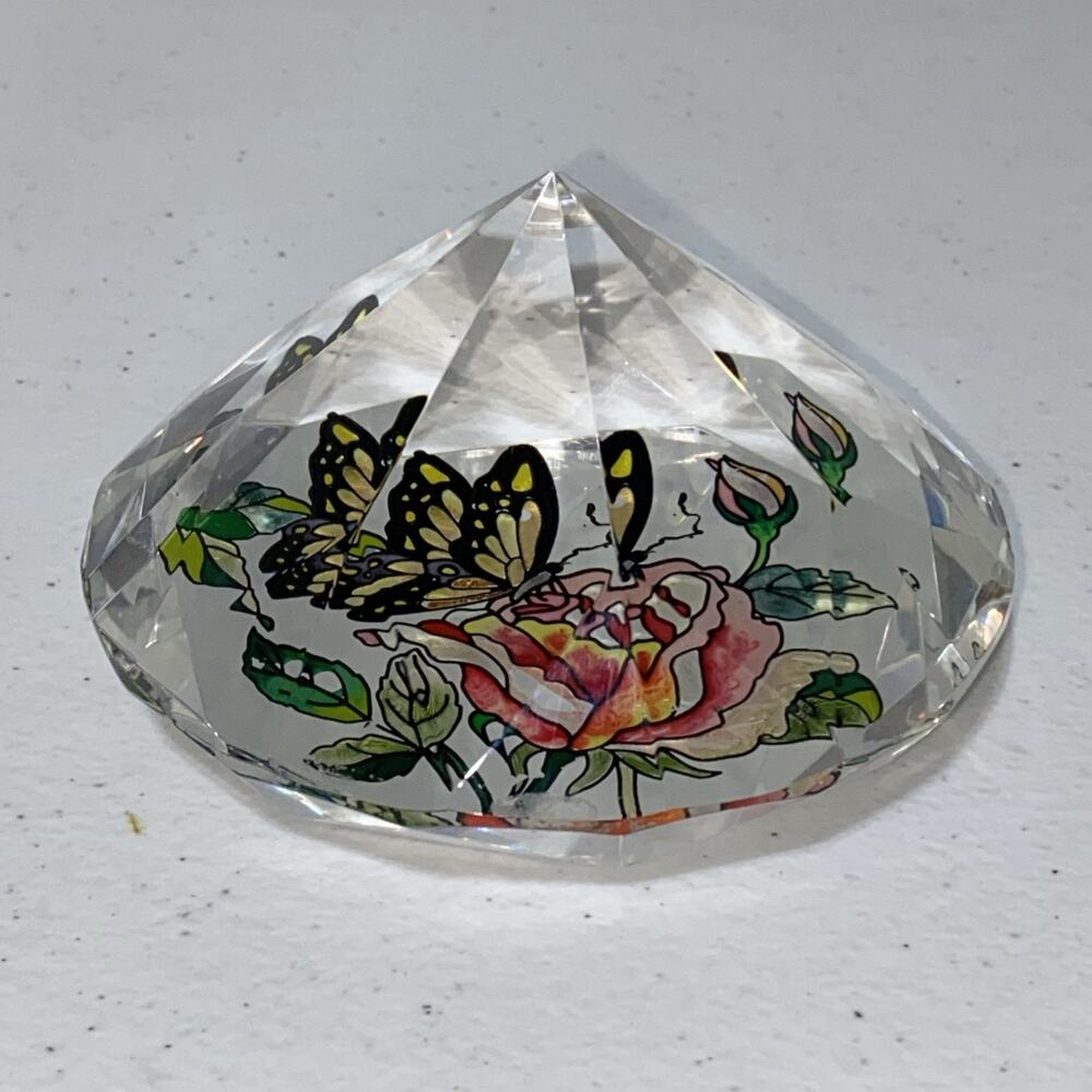 Art Glass Diamond Paperweight Hand Painted Amia Studios Rose Flower Butterfly